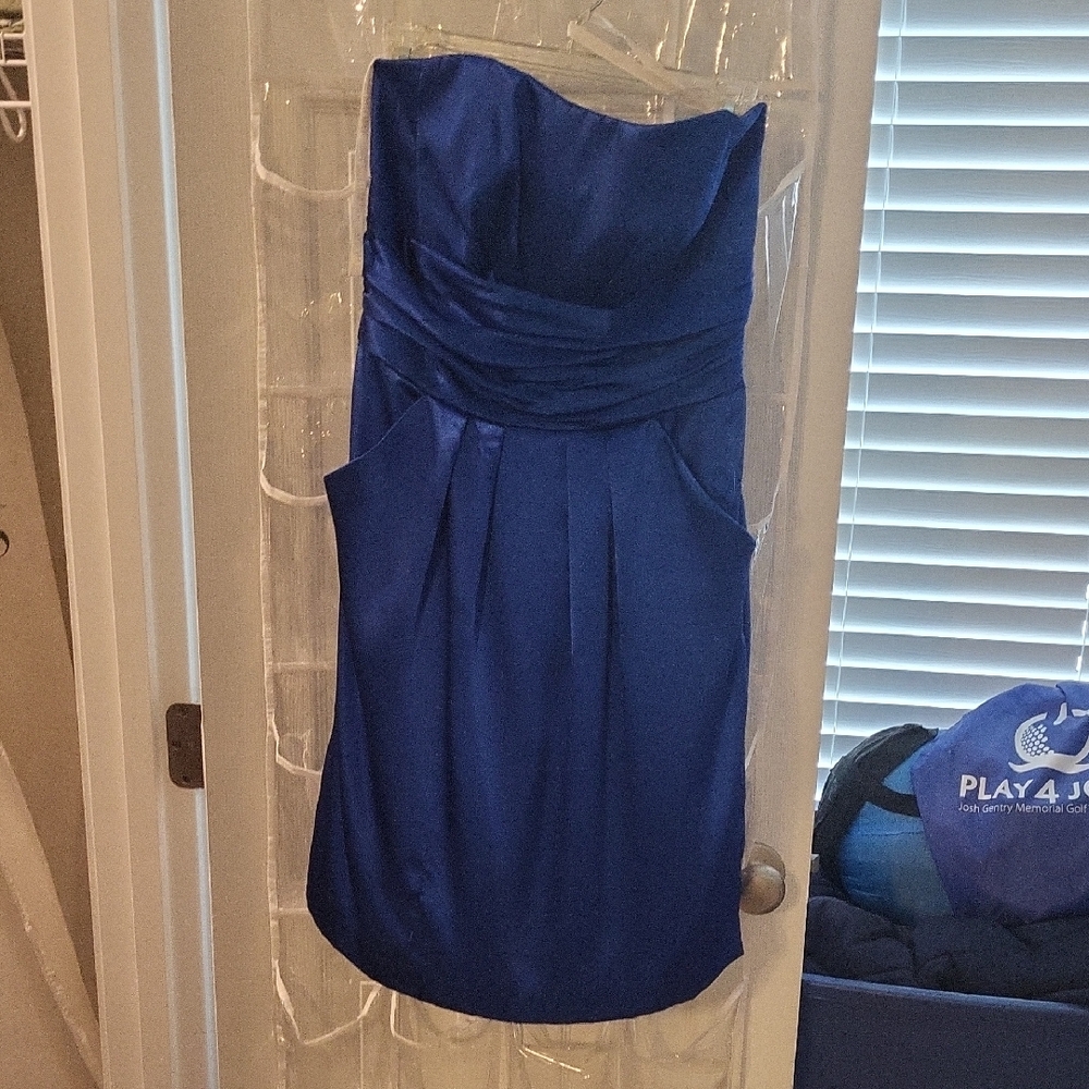 David's Bridal Blue Strapless Sheath Cocktail Dress